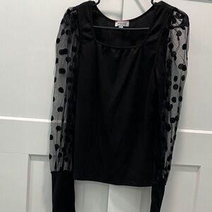 Andree Black Top with Sheer Polka Dot Sleeves
